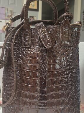 Sleek Croc-Embossed Patent Tote in Brown